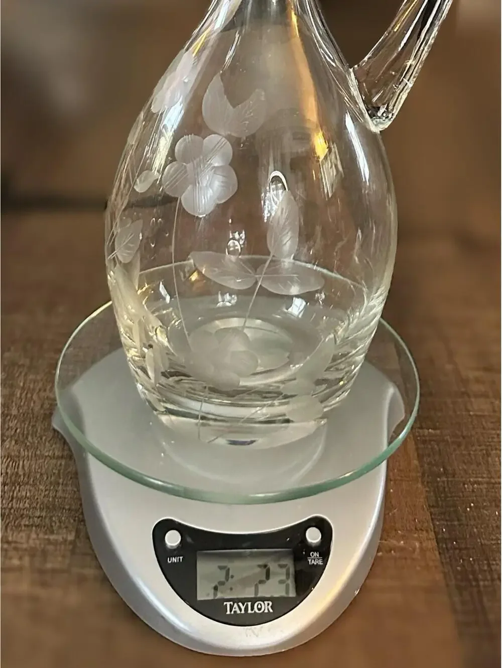 Vintage Floral Etched Glass Decanter with Stopper - 15 Inch Tall